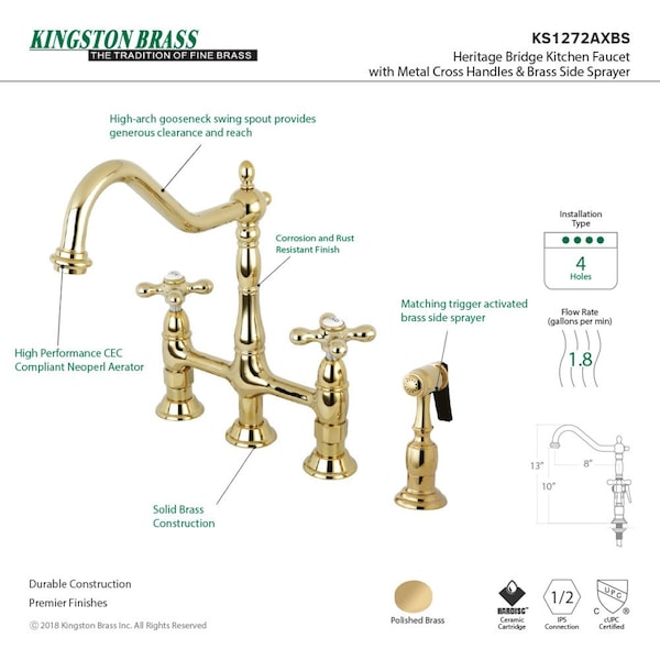 KS1272AXBS Heritage Bridge Kitchen Faucet W/Brass Sprayer, Brass